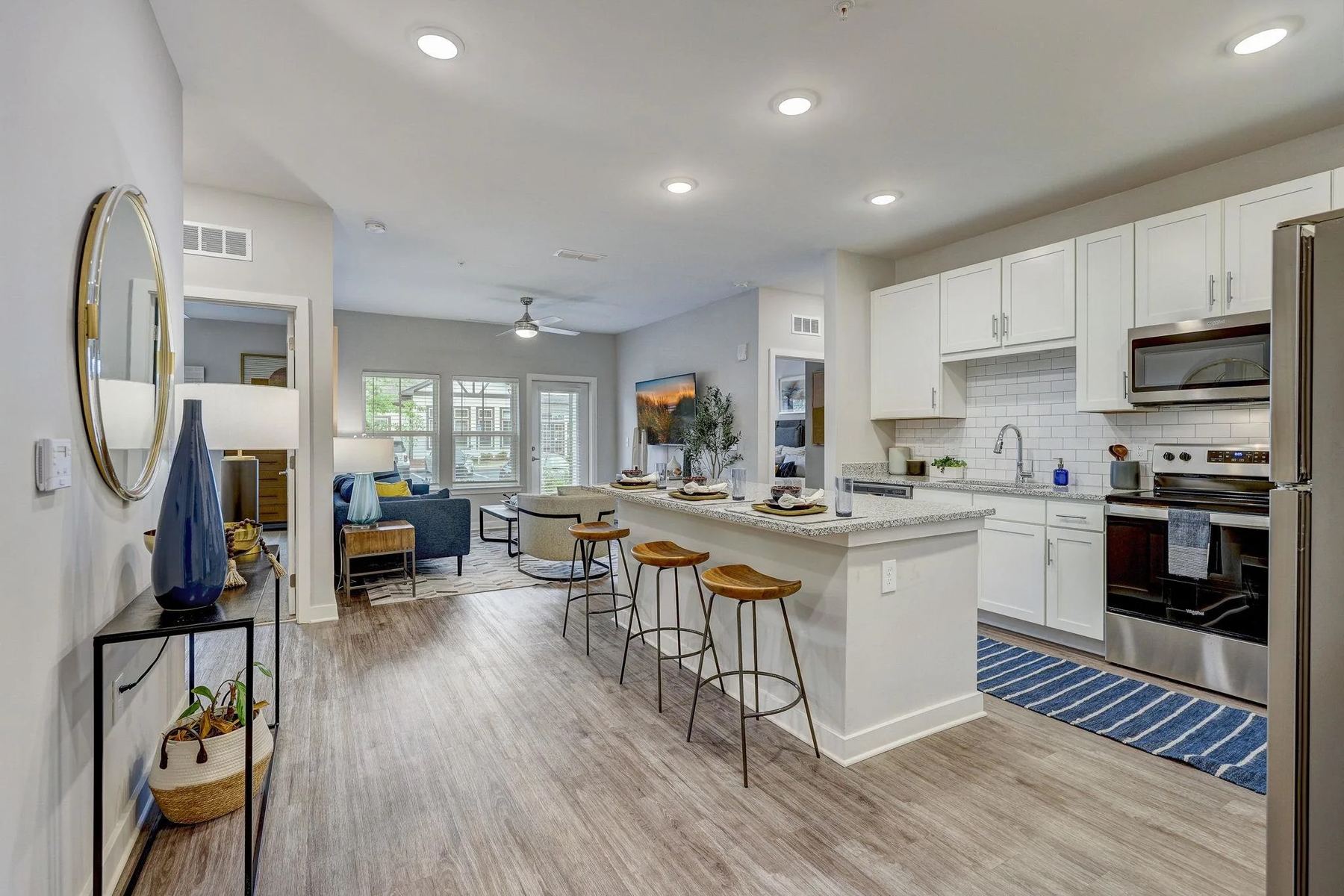 Kitchen and living room in a college housing apartment