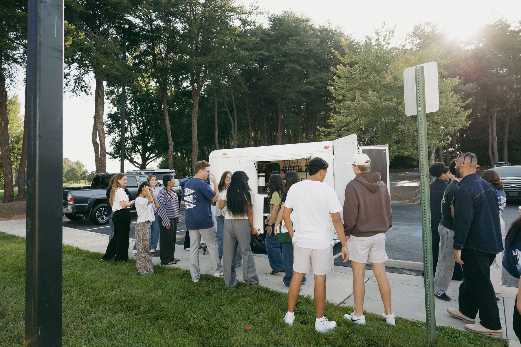 Students gathered at a coffee truck